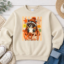 Load image into Gallery viewer, Cozy Season Raccoon Fall design on Sand crewneck sweatshirt
