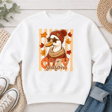 Load image into Gallery viewer, Cozy Season Silly Goose Fall design on White crewneck sweatshirt
