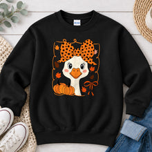 Load image into Gallery viewer, Fall Duck Bow Fall design on Black crewneck sweatshirt

