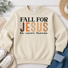 Load image into Gallery viewer, Fall For Jesus He Never Leaves Fall design on Sand crewneck sweatshirt

