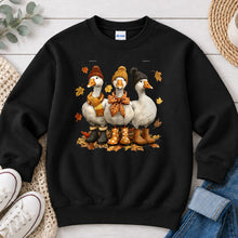 Load image into Gallery viewer, Fall Geese Hats Fall design on Black crewneck sweatshirt
