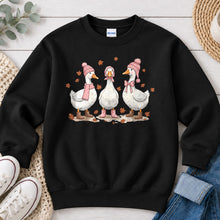 Load image into Gallery viewer, Fall Geese Trio Fall design on Black crewneck sweatshirt
