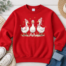 Load image into Gallery viewer, Fall Geese Trio Fall design on Red crewneck sweatshirt
