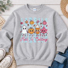 Load image into Gallery viewer, Fall Is Calling Cute Characters Fall design on Ash Grey crewneck sweatshirt
