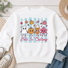 Load image into Gallery viewer, Fall Is Calling Cute Characters Fall design on White crewneck sweatshirt
