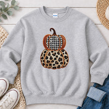 Load image into Gallery viewer, Fall Pumpkins Leopard Houndstooth Fall design on Ash Grey crewneck sweatshirt
