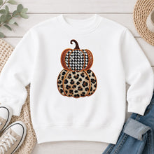 Load image into Gallery viewer, Fall Pumpkins Leopard Houndstooth Fall design on White crewneck sweatshirt
