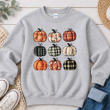 Load image into Gallery viewer, Fall Pumpkins Plaid Fall design on Ash Grey crewneck sweatshirt
