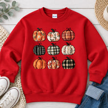 Load image into Gallery viewer, Fall Pumpkins Plaid Fall design on Red crewneck sweatshirt

