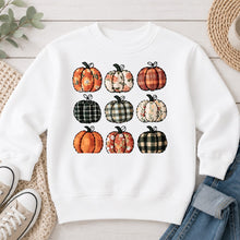Load image into Gallery viewer, Fall Pumpkins Plaid Fall design on White crewneck sweatshirt
