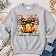 Load image into Gallery viewer, Fall Vibes Leopard Bow Pumpkin Fall design on Ash Grey crewneck sweatshirt
