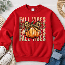 Load image into Gallery viewer, Fall Vibes Leopard Bow Pumpkin Fall design on Red crewneck sweatshirt
