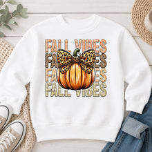 Load image into Gallery viewer, Fall Vibes Leopard Bow Pumpkin Fall design on White crewneck sweatshirt
