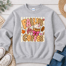 Load image into Gallery viewer, Fallin' For Coffee Checkered Fall design on Ash Grey crewneck sweatshirt
