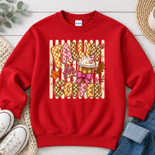 Load image into Gallery viewer, Fallin' For Coffee Checkered Fall design on Red crewneck sweatshirt

