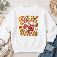 Load image into Gallery viewer, Fallin' For Coffee Checkered Fall design on White crewneck sweatshirt
