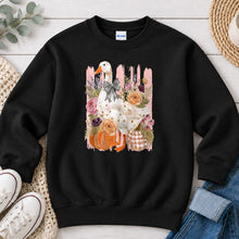 Load image into Gallery viewer, Floral Goose With Bow Fall design on Black crewneck sweatshirt
