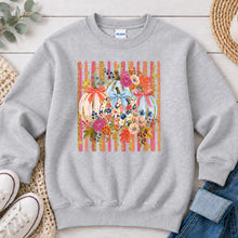 Load image into Gallery viewer, Floral Pumpkins With Bows Fall design on Ash Grey crewneck sweatshirt
