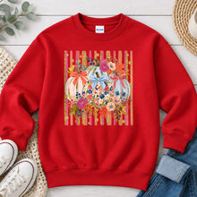 Load image into Gallery viewer, Floral Pumpkins With Bows Fall design on Red crewneck sweatshirt
