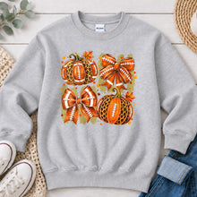Load image into Gallery viewer, Football Pumpkins And Bows Fall design on Ash Grey crewneck sweatshirt
