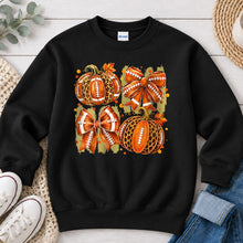 Load image into Gallery viewer, Football Pumpkins And Bows Fall design on Black crewneck sweatshirt
