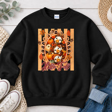 Load image into Gallery viewer, Hello Fall Goose Trio Acorns Fall design on Black crewneck sweatshirt

