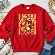 Load image into Gallery viewer, Hello Fall Goose Trio Acorns Fall design on Red crewneck sweatshirt
