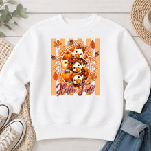 Load image into Gallery viewer, Hello Fall Goose Trio Acorns Fall design on White crewneck sweatshirt
