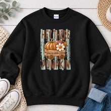Load image into Gallery viewer, Hey There Pumpkin Green Stripes Fall design on Black crewneck sweatshirt
