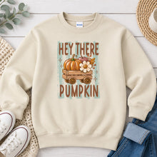 Load image into Gallery viewer, Hey There Pumpkin Green Stripes Fall design on Sand crewneck sweatshirt
