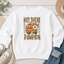 Load image into Gallery viewer, Hey There Pumpkin Green Stripes Fall design on White crewneck sweatshirt
