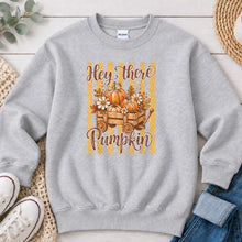 Load image into Gallery viewer, Hey There Pumpkin Script Wagon Fall design on Ash Grey crewneck sweatshirt
