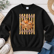 Load image into Gallery viewer, Hey There Pumpkin Script Wagon Fall design on Black crewneck sweatshirt
