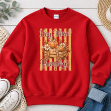 Load image into Gallery viewer, Hey There Pumpkin Script Wagon Fall design on Red crewneck sweatshirt
