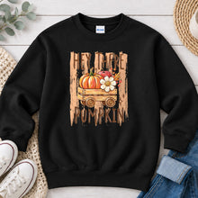 Load image into Gallery viewer, Hey There Pumpkin Vintage Wagon Fall design on Black crewneck sweatshirt
