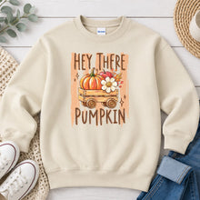Load image into Gallery viewer, Hey There Pumpkin Vintage Wagon Fall design on Sand crewneck sweatshirt
