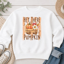Load image into Gallery viewer, Hey There Pumpkin Vintage Wagon Fall design on White crewneck sweatshirt
