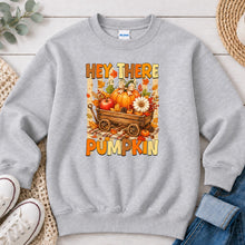 Load image into Gallery viewer, Hey There Pumpkin Wagon Fall design on Ash Grey crewneck sweatshirt
