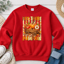 Load image into Gallery viewer, Hey There Pumpkin Wagon Fall design on Red crewneck sweatshirt

