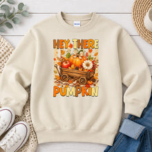 Load image into Gallery viewer, Hey There Pumpkin Wagon Fall design on Sand crewneck sweatshirt
