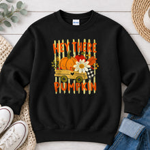 Load image into Gallery viewer, Hey There Pumpkin Yellow Wagon Fall design on Black crewneck sweatshirt
