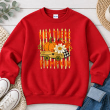 Load image into Gallery viewer, Hey There Pumpkin Yellow Wagon Fall design on Red crewneck sweatshirt
