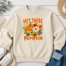 Load image into Gallery viewer, Hey There Pumpkin Yellow Wagon Fall design on Sand crewneck sweatshirt
