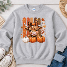 Load image into Gallery viewer, Highland Cow With Plaid Bow Fall design on Ash Grey crewneck sweatshirt
