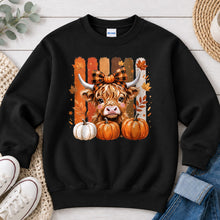 Load image into Gallery viewer, Highland Cow With Plaid Bow Fall design on Black crewneck sweatshirt
