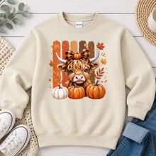 Load image into Gallery viewer, Highland Cow With Plaid Bow Fall design on Sand crewneck sweatshirt

