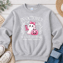 Load image into Gallery viewer, In October We Wear Pink Fall design on Ash Grey crewneck sweatshirt
