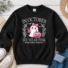 Load image into Gallery viewer, In October We Wear Pink Fall design on Black crewneck sweatshirt
