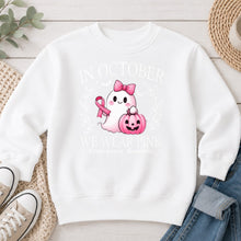 Load image into Gallery viewer, In October We Wear Pink Fall design on White crewneck sweatshirt
