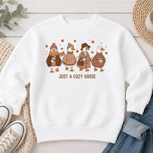 Load image into Gallery viewer, Just A Cozy Goose Fall design on White crewneck sweatshirt
